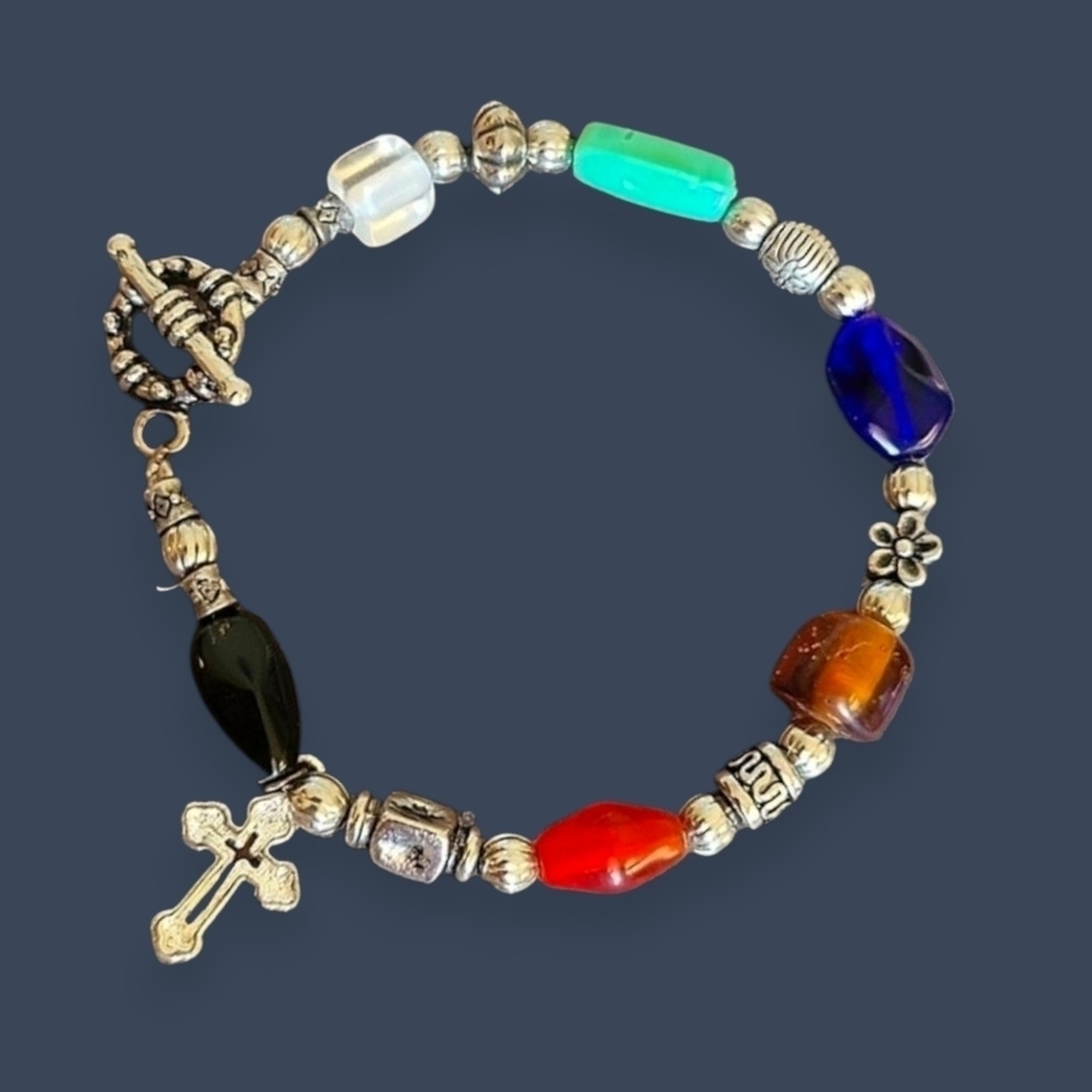 HANDMADE Rainbow Glass Metal Beaded Cross Toggle Bracelet